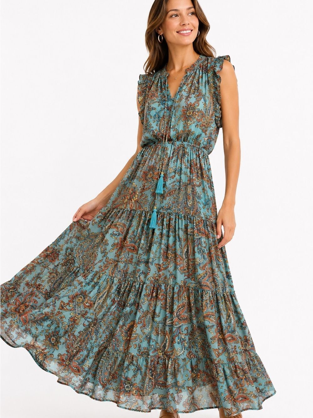 PENN by Karma Highway Turquoise Paisley Maxi Dress Boho Tassel Tie